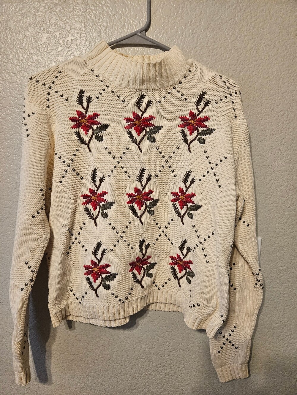 Liz Claiborne Cream Sweater with Red Floral Embroidery